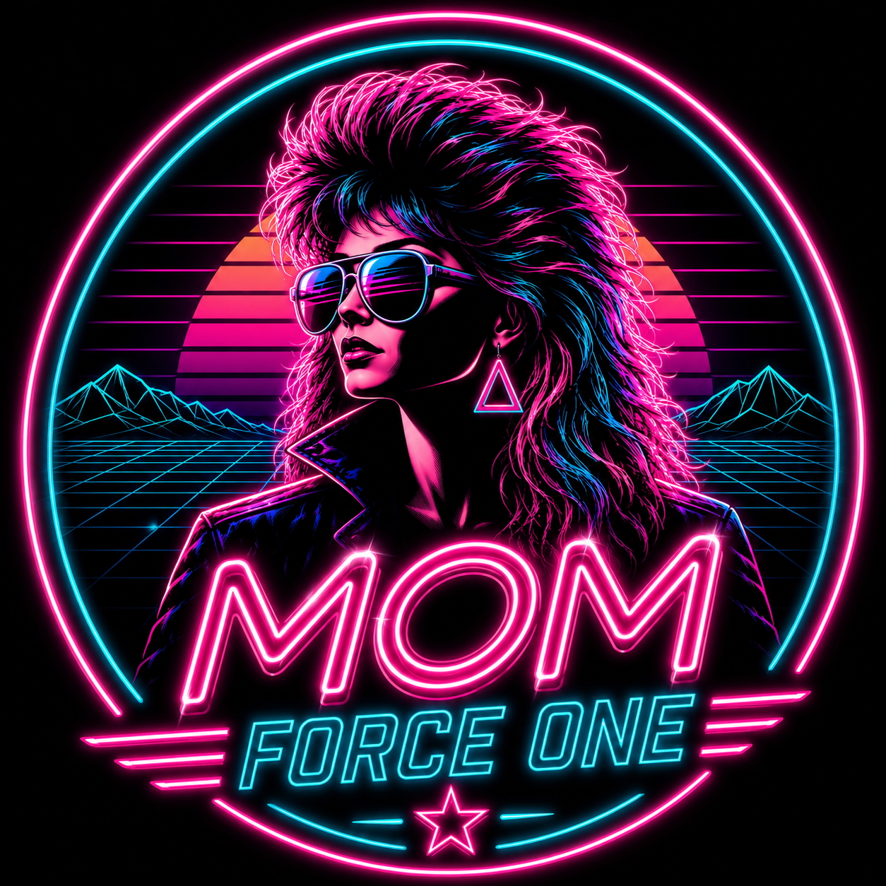 Mom Force One — neon logo of a woman in shades with big 80s hair against a retrowave sunset